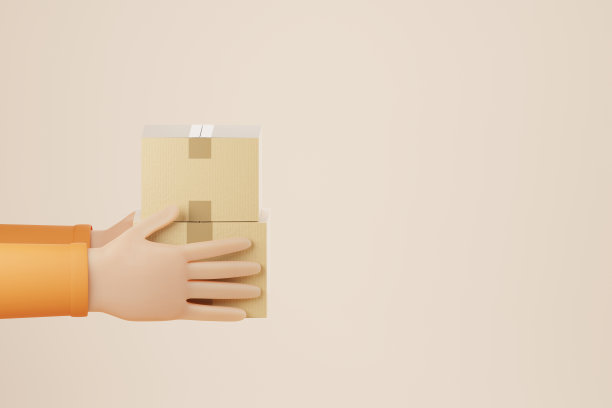 卡通拿着纸板箱在柔和的橙色背景。网上购物和送货的概念。3 d渲染插图。图片下载