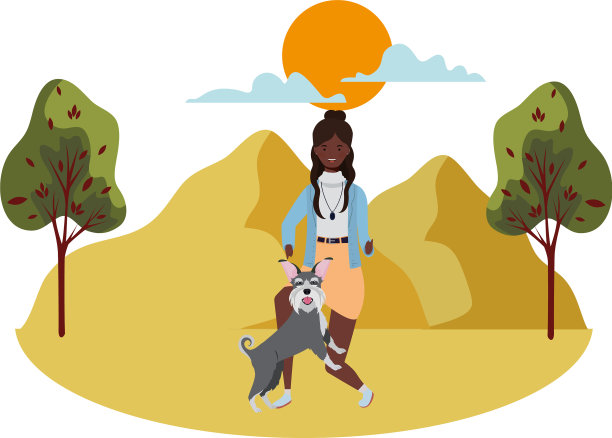 年轻的非洲女人和可爱的狗在田野里图片下载