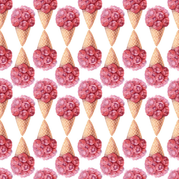 白底玫瑰花蕾，华夫饼蛋筒里的冰淇淋无缝图案。图片下载