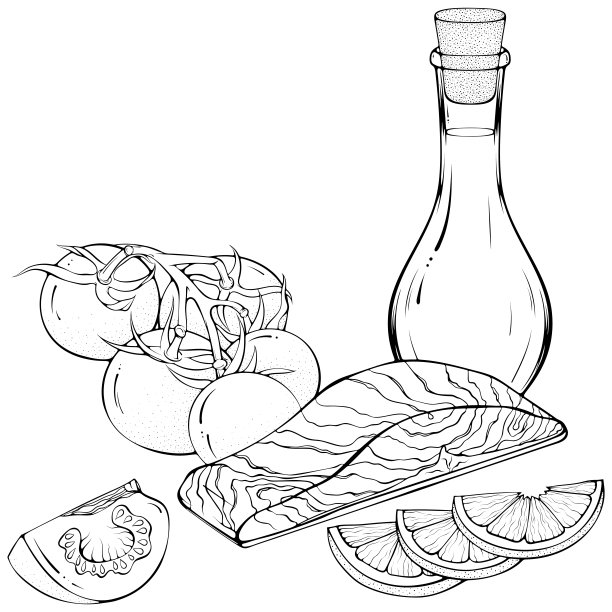 鲑鱼和蔬菜的静物画图片下载