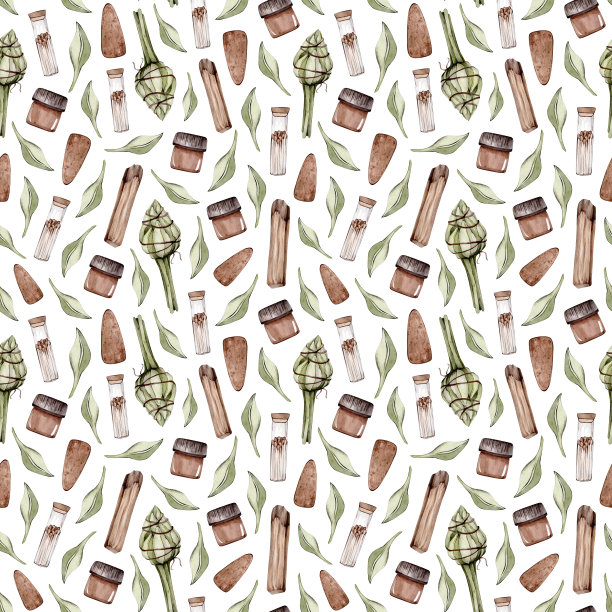 手绘水彩无缝图案香孤立在白色背景。帕罗桑托，鼠尾草，圆锥形香，木棍香。图片下载