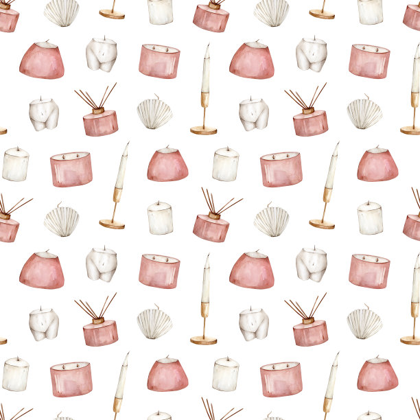手绘水彩无缝蜡烛图案。水彩烛台，香气扩散器。身体和贝壳形状的蜡烛孤立在白色背景图片下载