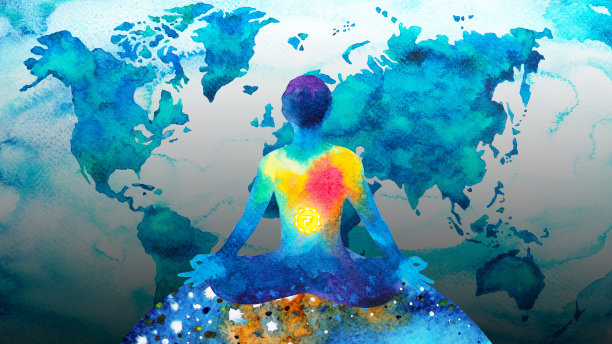 人类冥想心灵心理健康瑜伽脉轮精神治疗抽象能量冥想连接宇宙力量水彩画插图设计绘画艺术图片下载