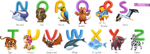 动物园字母表有趣的动物3d图标设置字母n图片下载