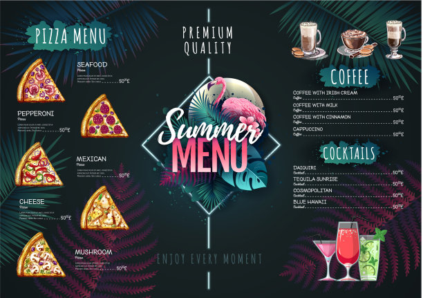 夏季菜单设计与火烈鸟和热带树叶图片下载