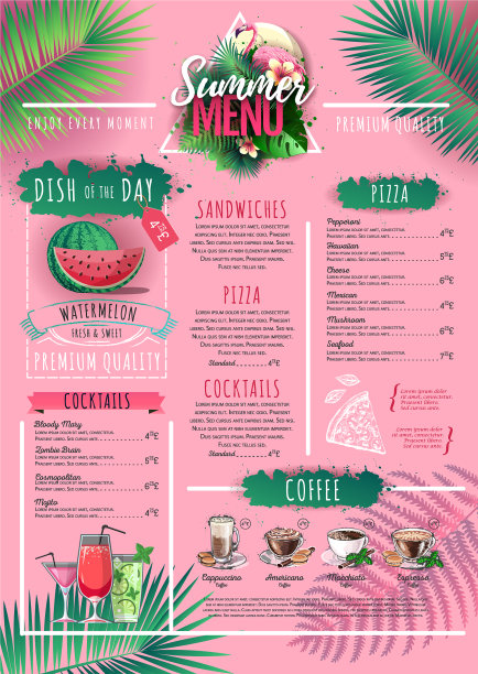 夏季菜单设计与火烈鸟和热带树叶图片下载