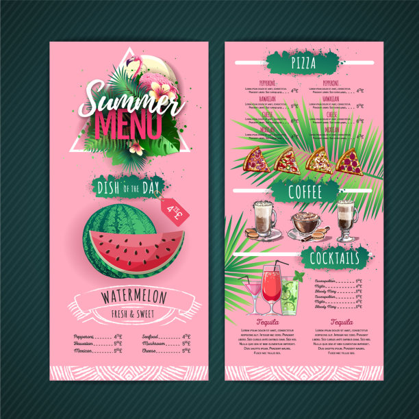 夏季菜单设计与火烈鸟和热带树叶图片下载