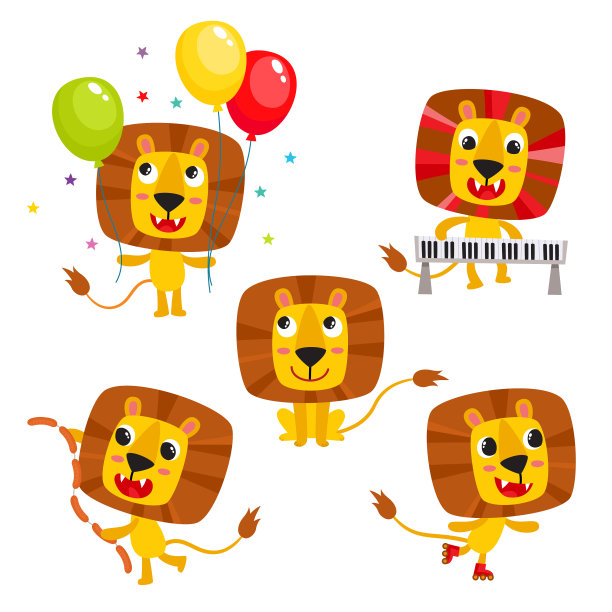 设定卡通有趣的狮子孤立在白色图片下载