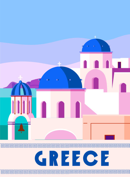 希腊旅游海报，希腊白色的建筑，蓝色的屋顶，教堂，海报，古老的地中海欧洲文化和建筑图片下载