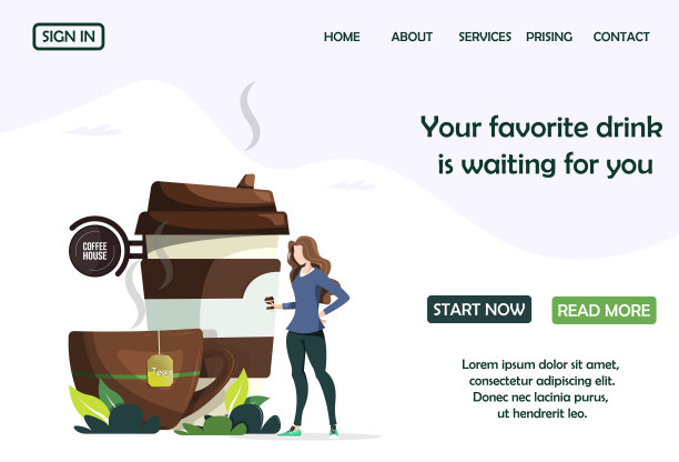 网页与杯子咖啡和茶。矢量卡通平面插图在现代设计。女孩自己点咖啡的概念。很酷的web页面图片下载