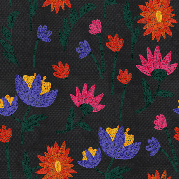 无缝花型绣花工艺。编织花卉装饰爱好。复古图案的织物与花朵，树叶，郁金香。数字刺绣。农舍核心的老式纺织品。优雅的民族民间图片下载