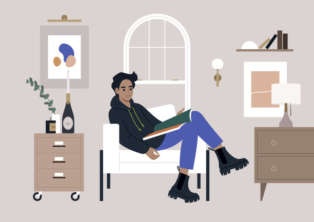 一个年轻的角色在一个设计师室内翻阅杂志图片下载