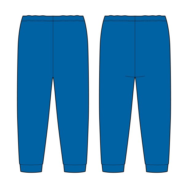 儿童睡衣长裤技术草图。童装居家裤设计模板孤立。明亮的蓝色。图片下载