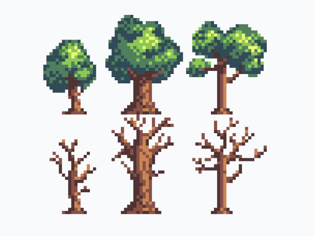 不同的树像素艺术图标集。森林植物群物种标志收藏。8位雪碧。图片下载