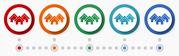 家，房子概念矢量图标集，信息图表模板，平面设计圆形彩色网页按钮5种颜色选项图片下载