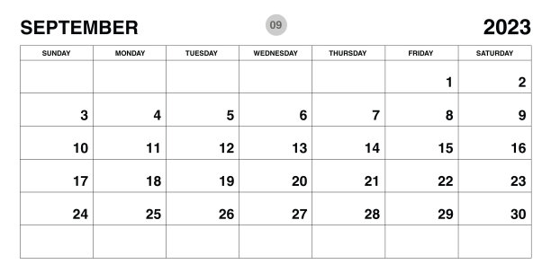 2023年9月计划模板，日历2023模板，月度和年度计划。组织者的日记。周开始星期日，企业计划模板，桌面日历2023，水平布局，矢量图片下载