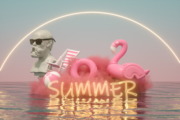 半身像雕塑云在海上夏季度假旅游的背景与霓虹灯图片下载