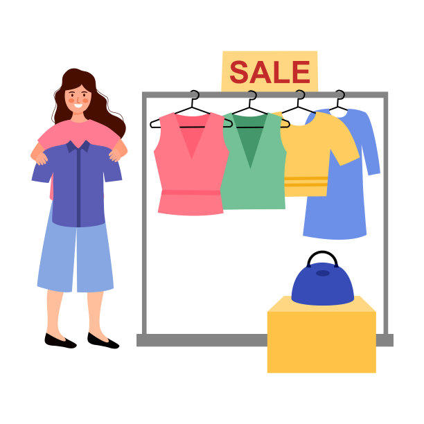 在跳蚤市场卖衣服的女人在白色背景平面设计。图片下载