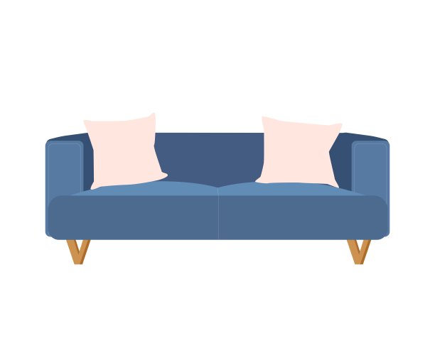 带枕头的蓝色沙发，正面视图。室内设计的家具元素。矢量插图在平面风格图片下载