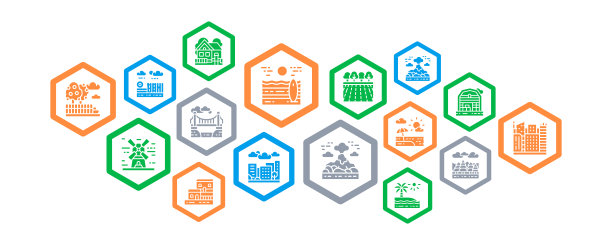 景观信息图形模板与彩色图标。桥，森林，花园，火山，风车矢量插图。网页横幅布局模板。图片下载