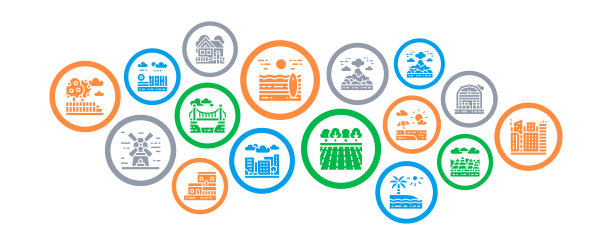 景观商业插图。桥梁，森林，花园，火山，风车矢量推广图标旗帜。网页横幅布局模板。图片下载