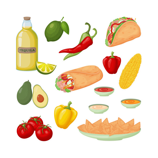 一大套墨西哥食物，如玉米卷、玉米卷、玉米片和龙舌兰酒。还有蔬菜、玉米、西红柿、胡椒、鳄梨和柠檬。矢量图图片下载