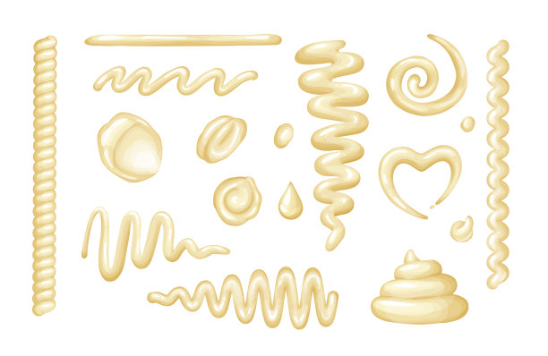 蛋黄酱的斑点，飞溅和掉落从顶部看。图片下载