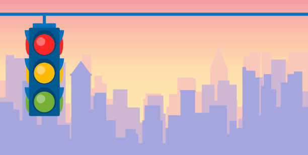 信号灯、红绿灯、警示道路、街道图标。五颜六色的设计。城市轮廓的背景。矢量图图片下载