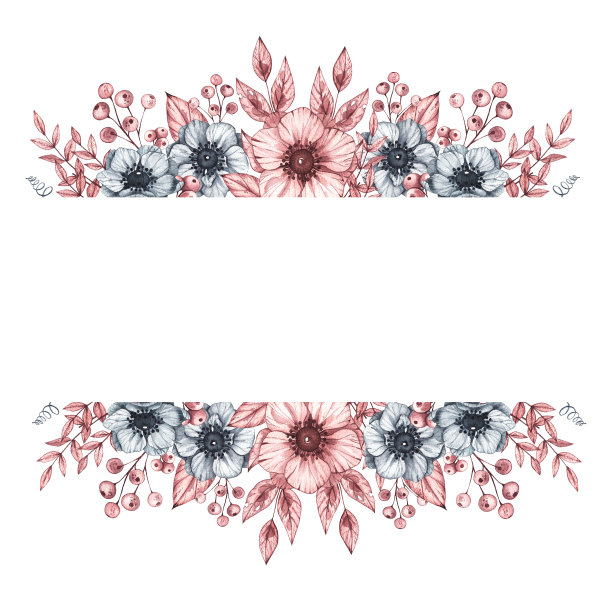 水彩框架花环的花朵，海葵，浆果和叶子图片下载