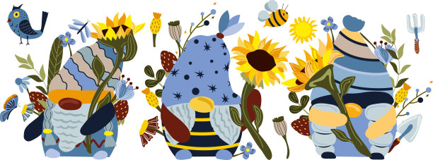 一组拿着向日葵的卡通小精灵。野花，蜜蜂，蝴蝶和叶子在白色的背景。矢量插图。图片下载