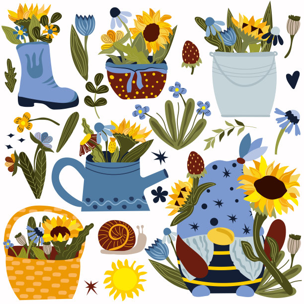 向日葵和野花的采集。拿着向日葵的侏儒。把野花和向日葵放在水桶，喷壶，靴子里。春夏装快乐。矢量插图。图片下载
