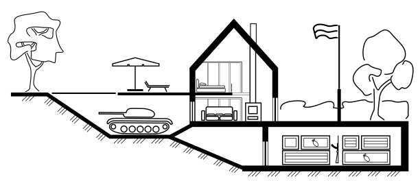 线性建筑小品小屋剖面与地下隐藏的坦克在地下室的白色背景图片下载