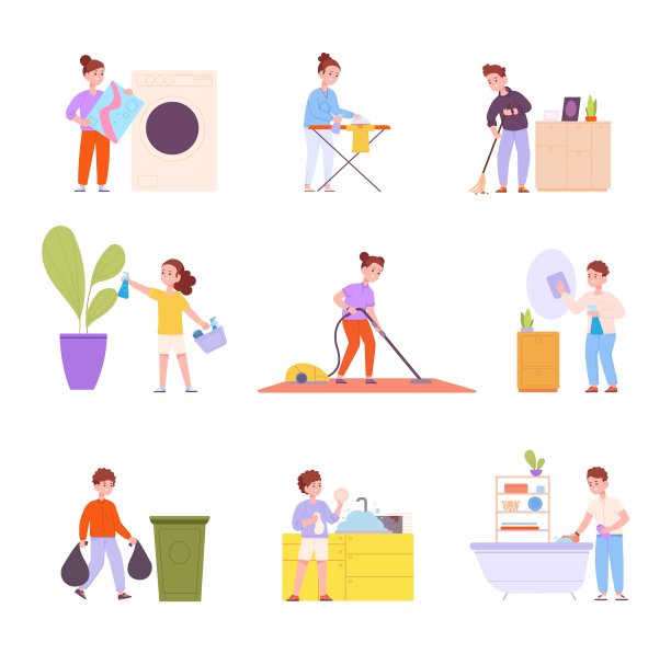 孩子帮助做家务。少年儿童做家务家务，帮熨家务，打扫房间洗碗图片下载