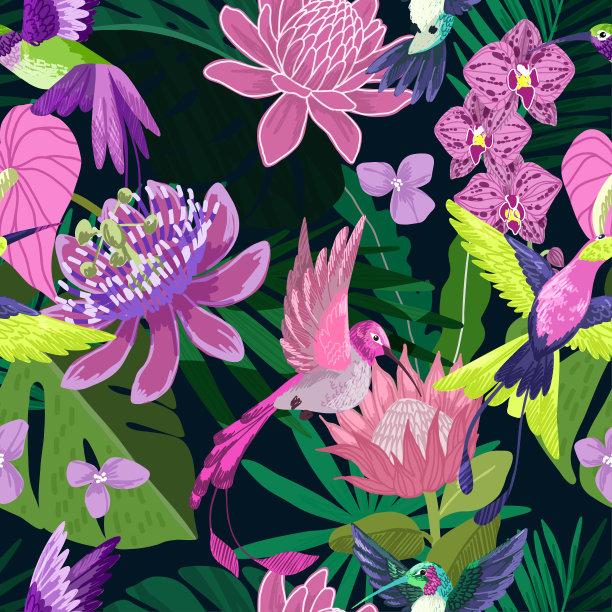 热带无缝图案，手绘矢量艺术图片下载