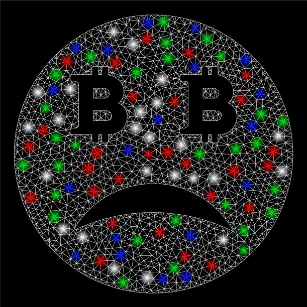 明亮的网格胴体悲伤的比特币笑脸与闪光图片下载