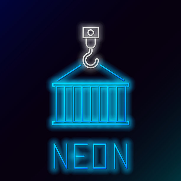 蓝色发光的霓虹灯线集装箱上的起重机图标图片下载