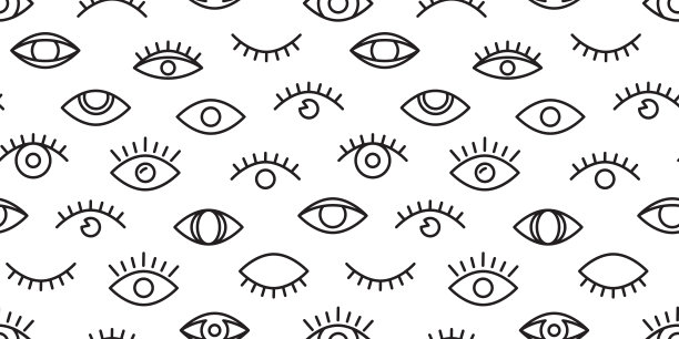 眼睛矢量无缝模式，最小字符打印，可爱的涂鸦纹理，黑色看背景。图片下载