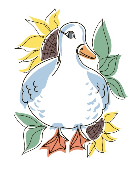 可爱的鹅在向日葵和树叶，涂鸦风格。矢量插图孤立在白色背景图片下载