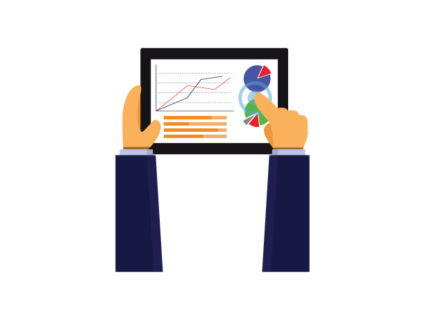 商人拿着带有商业图、矢量插图的平板电脑图片下载