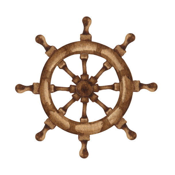 老式木制方向盘的水彩插图。手绘海洋剪纸图片下载