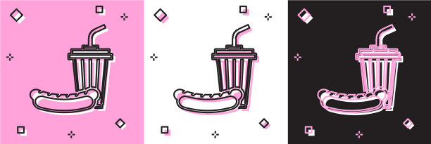 设置苏打水和热狗图标孤立在粉红色和图片下载