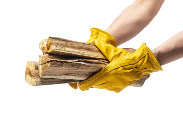 一只戴着黄色皮手套的男性手在白色背景下拿着柴火。图片下载