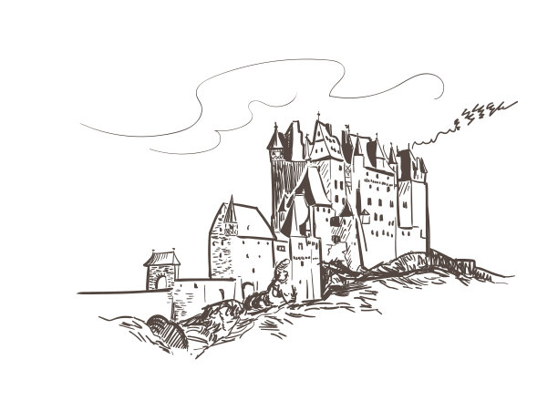 线条艺术孤立的埃尔茨城堡素描图片下载
