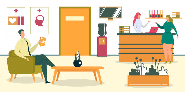 坐在医院门诊部接待处的男子图片下载