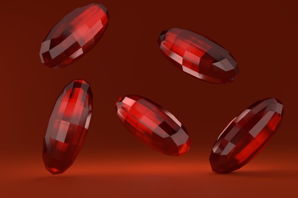 红色的晶体悬浮在红色的背景上。发光的棱镜。3 d渲染。图片下载