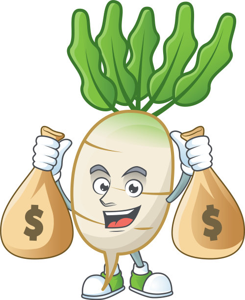 快乐的白萝卜卡通人物与两个钱袋图片下载
