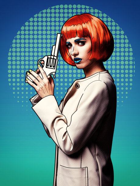 年轻女子肖像在漫画流行艺术化妆风格。女人手里拿着枪图片下载