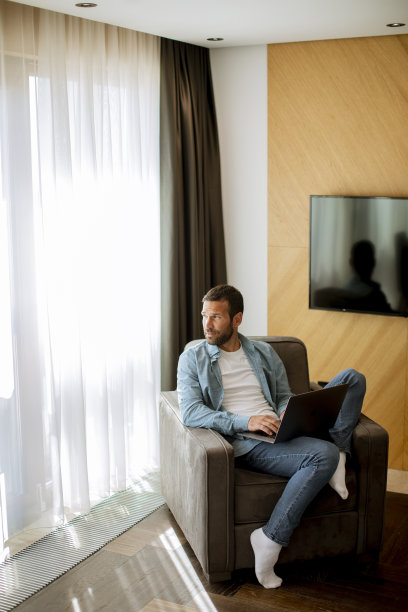 年轻人在客厅用笔记本电脑图片下载
