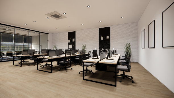 室内空的现代阁楼办公室开放的空间现代办公室镜头。现代开放概念大堂和接待区会议室设计。3 d渲染。图片下载