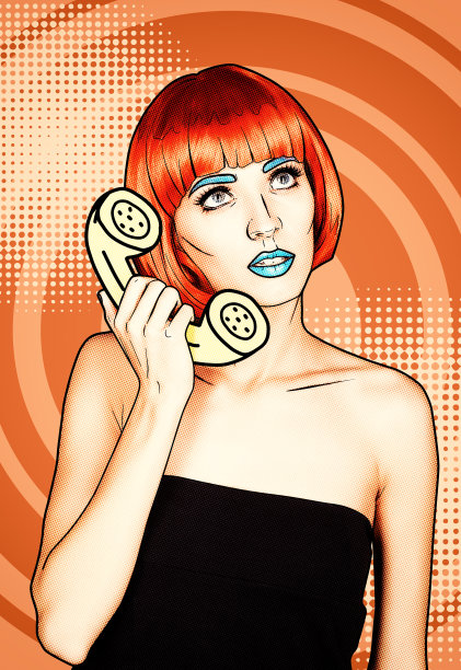 年轻女子肖像在漫画流行艺术化妆风格。橙色卡通背景下红色假发的女性打电话图片下载